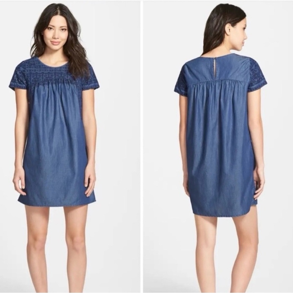Lucky Brand Blue Short Sleeve Embroidered Chambray Mini Dress